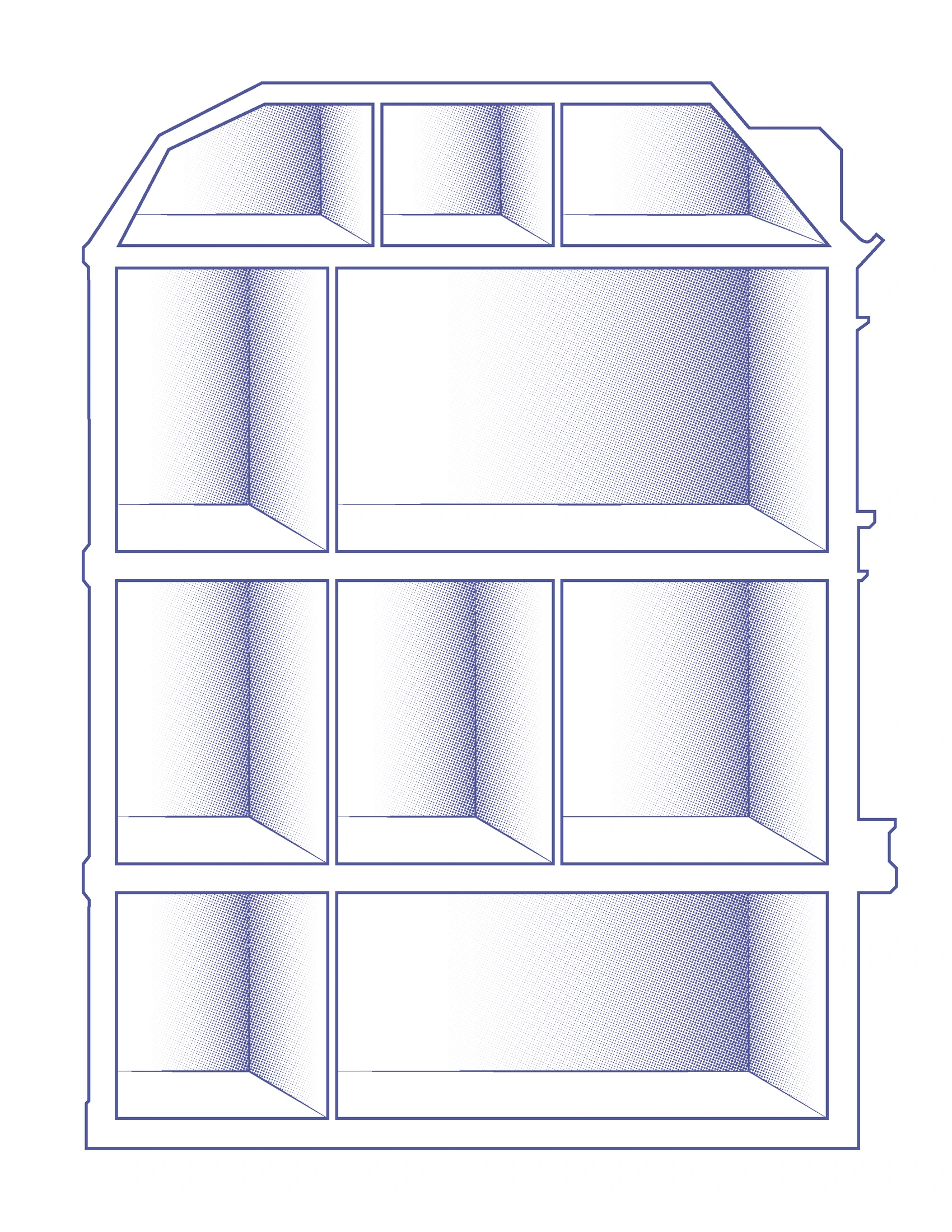 Section through a Haussmann building, drawn in blue with halftone shading